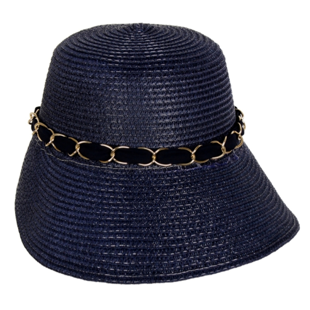 Beloved Millinery Classic Navy Upscale Sun Visor Gold Chain Scarf Tie Back Hat